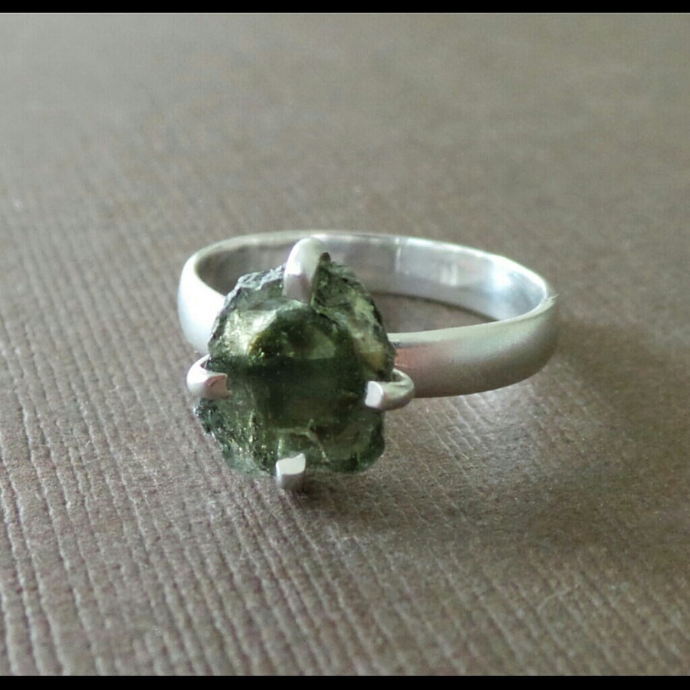 Organic Raw Green Tourmaline Slice Sterling Ring